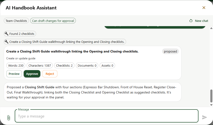 The Handbook Assistant showing a proposed inventory change awaiting explicit approval.