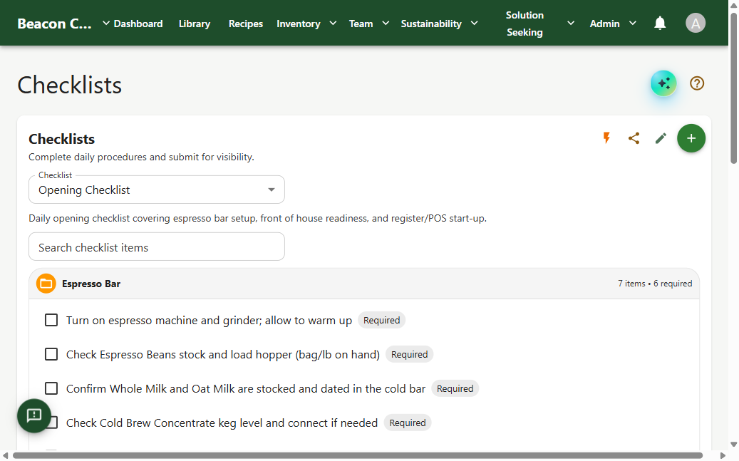 A restaurant opening checklist in Handbook with completed items, timestamps, and a pending sign-off.