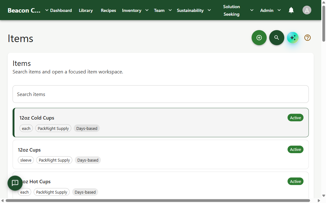 A Handbook inventory count in progress, showing items, units, par levels, and suppliers.