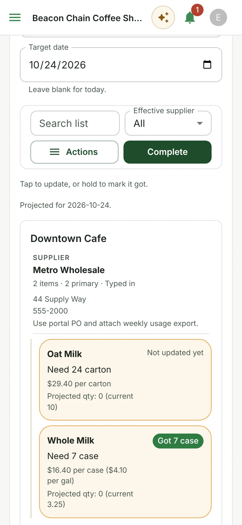 The shopping list on a phone for Downtown Cafe, projected for 24 October: oat milk from Metro Wholesale, 24 cartons at $29.40 each, and whole milk, 7 cases at $16.40, already marked as got 7 cases.