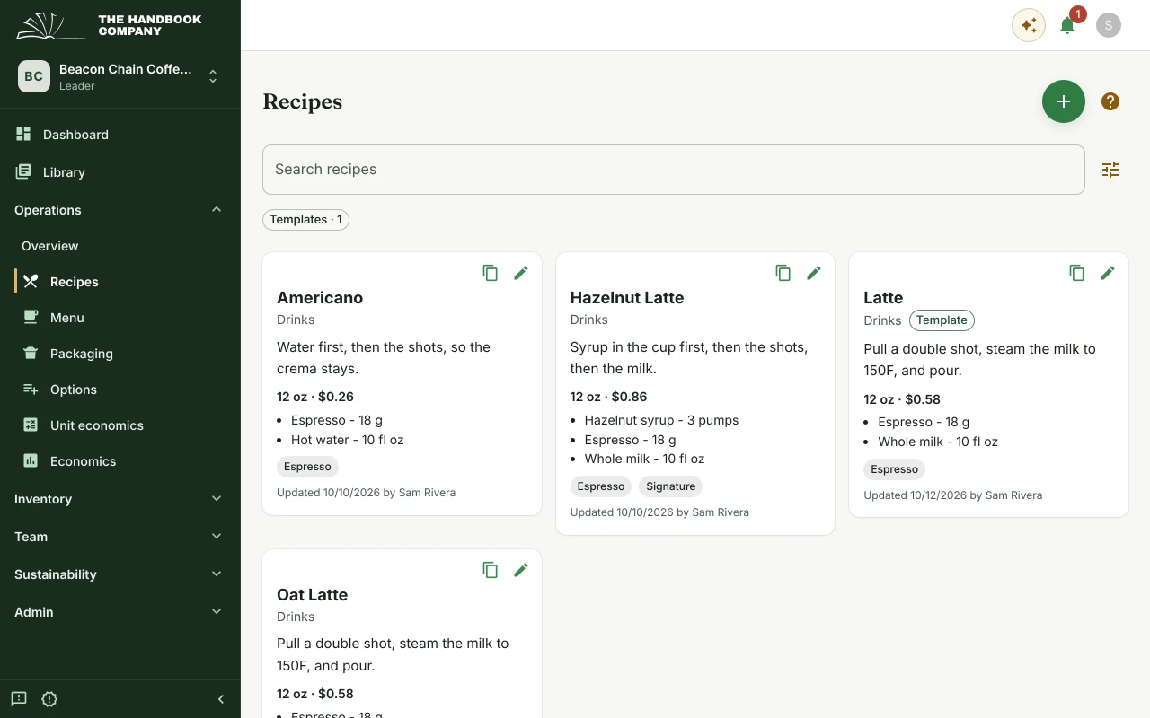 Recipe cards in Handbook for an Americano, a hazelnut latte and a latte, each listing its ingredients and what a 12 oz cup costs to make.