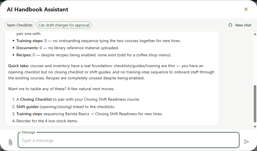 A recipe and prep standard open in Handbook with the assistant answering a question about the spec.