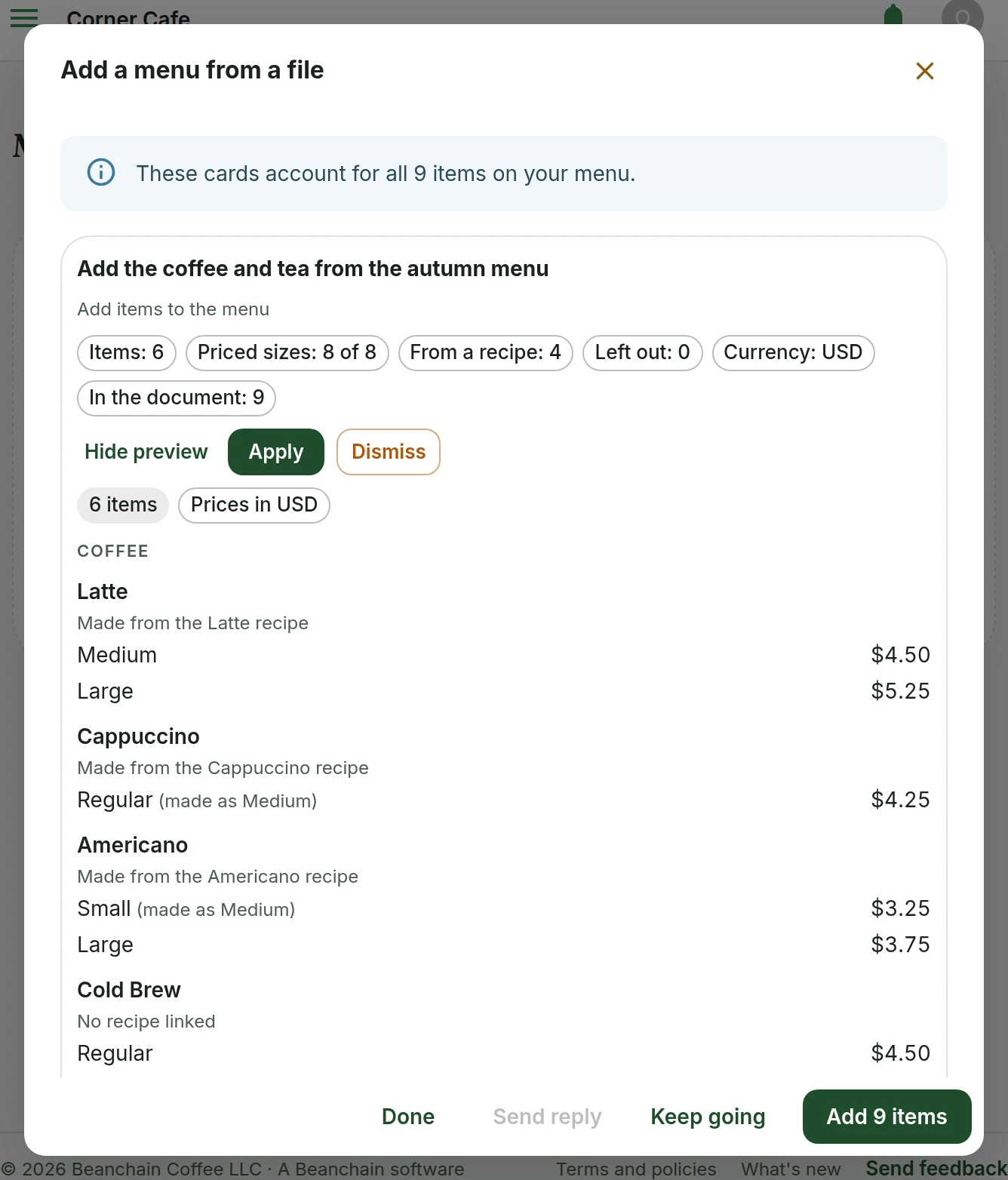 A menu read from a file: the cards account for all 9 items the menu lists, and the coffee and tea card shows each item with its prices, the recipe it is made from and the sizes made as Medium.