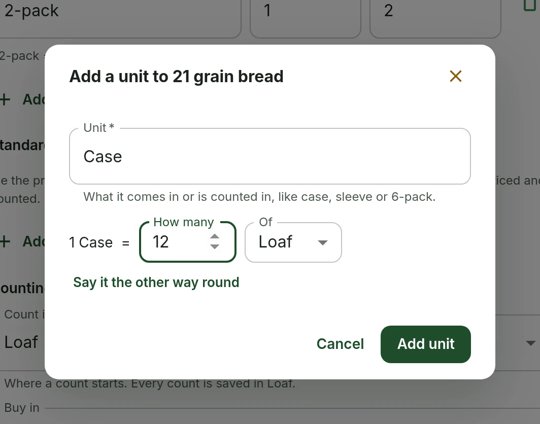Adding a Case to 21 grain bread by saying 1 Case = 12 Loaf, with a link to say it the other way round.