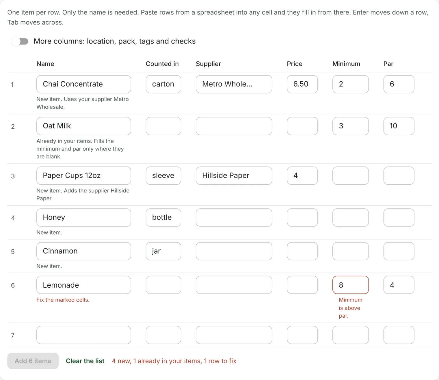 The Add several items grid with six rows. Under each name it says what will happen: a new item using the supplier Metro Wholesale, Oat Milk already in the items with its minimum and par filled only where blank, a new item adding the supplier Hillside Paper, and a Lemonade row whose minimum above its par is marked to fix.