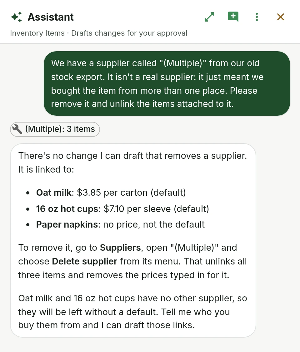 Asked to remove a supplier called "(Multiple)", the Assistant lists the three items linked to it with their prices and says to choose Delete supplier on its page under Suppliers, because no change it can draft would remove one.