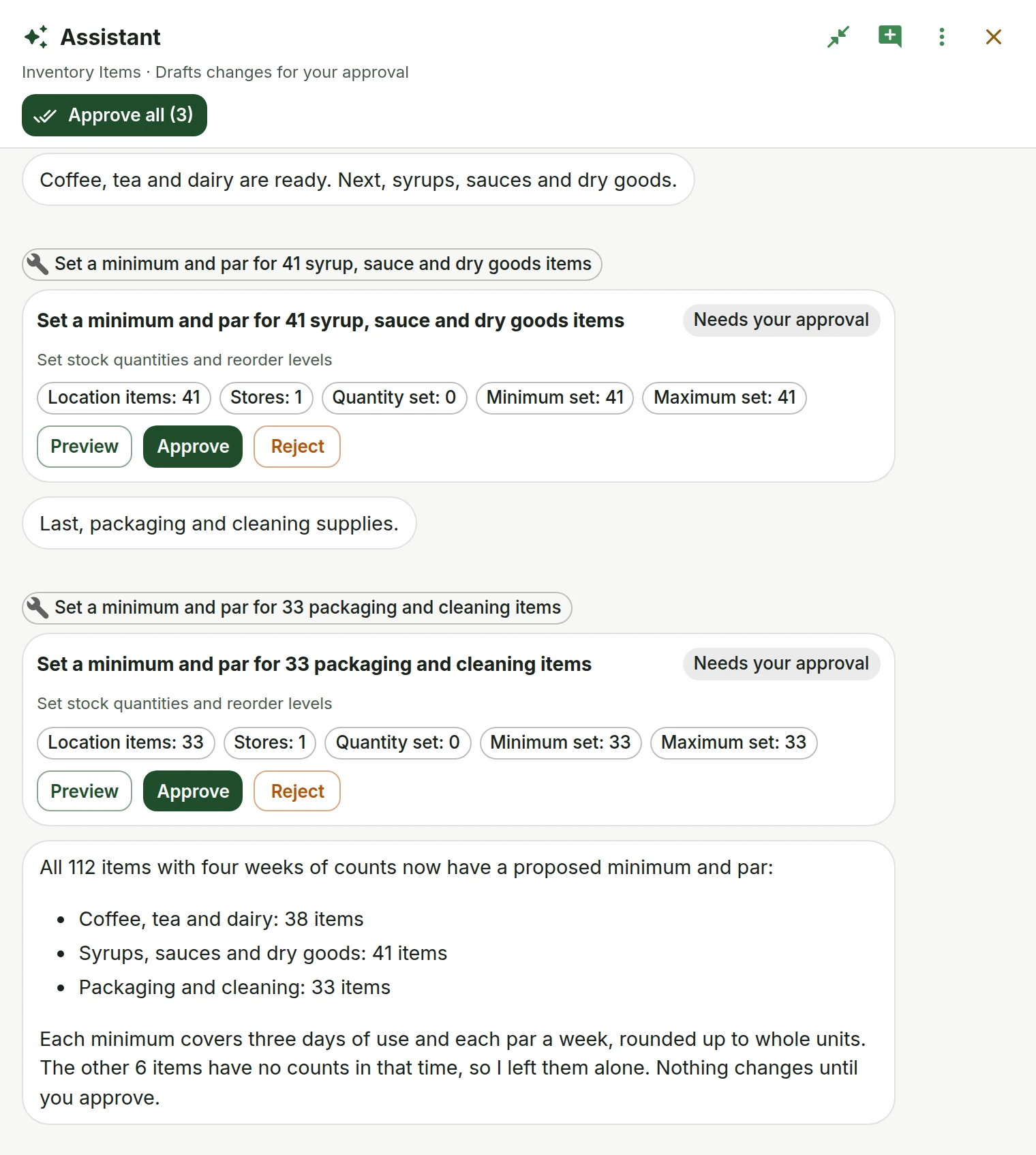 The Assistant panel at the end of a long job that carried on by itself: the last two of three batches of minimums and pars, each on its own card, and a summary covering all 112 items, with Approve all (3) in the header.