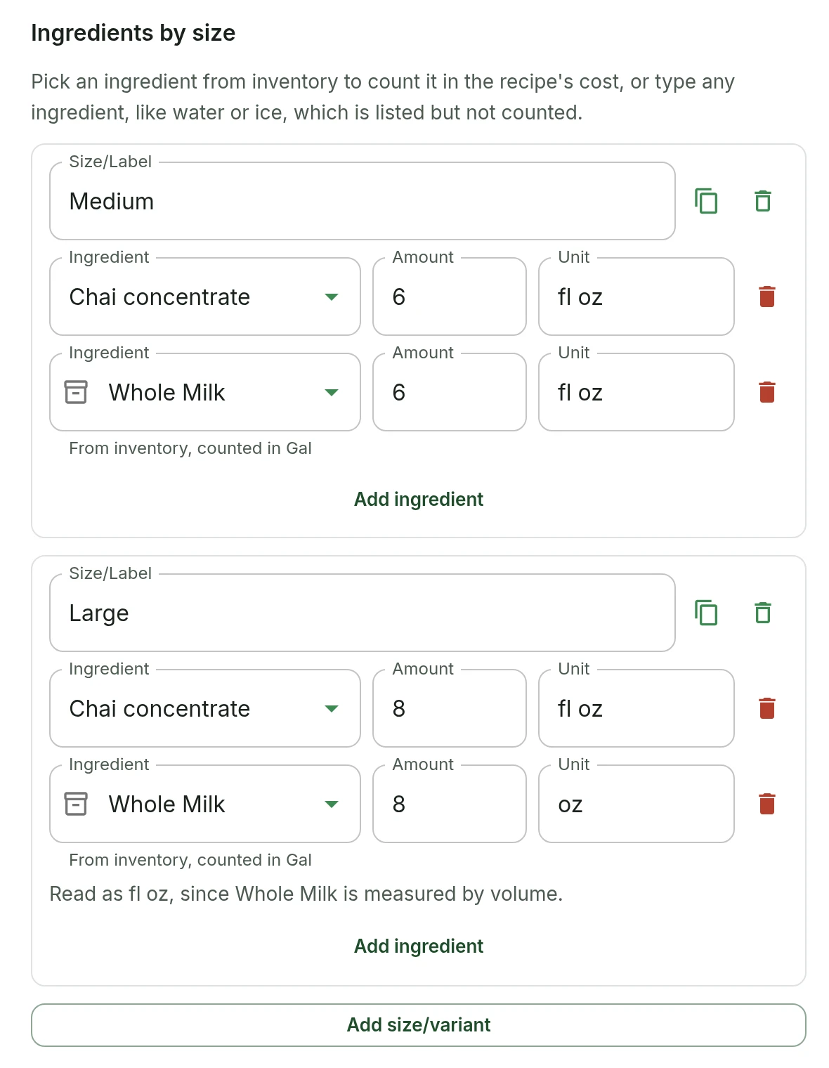 A Chai Latte's Medium copied to start a Large, with its ingredients and links carried over, and milk typed as 8 oz read as fl oz because Whole Milk is measured by volume.