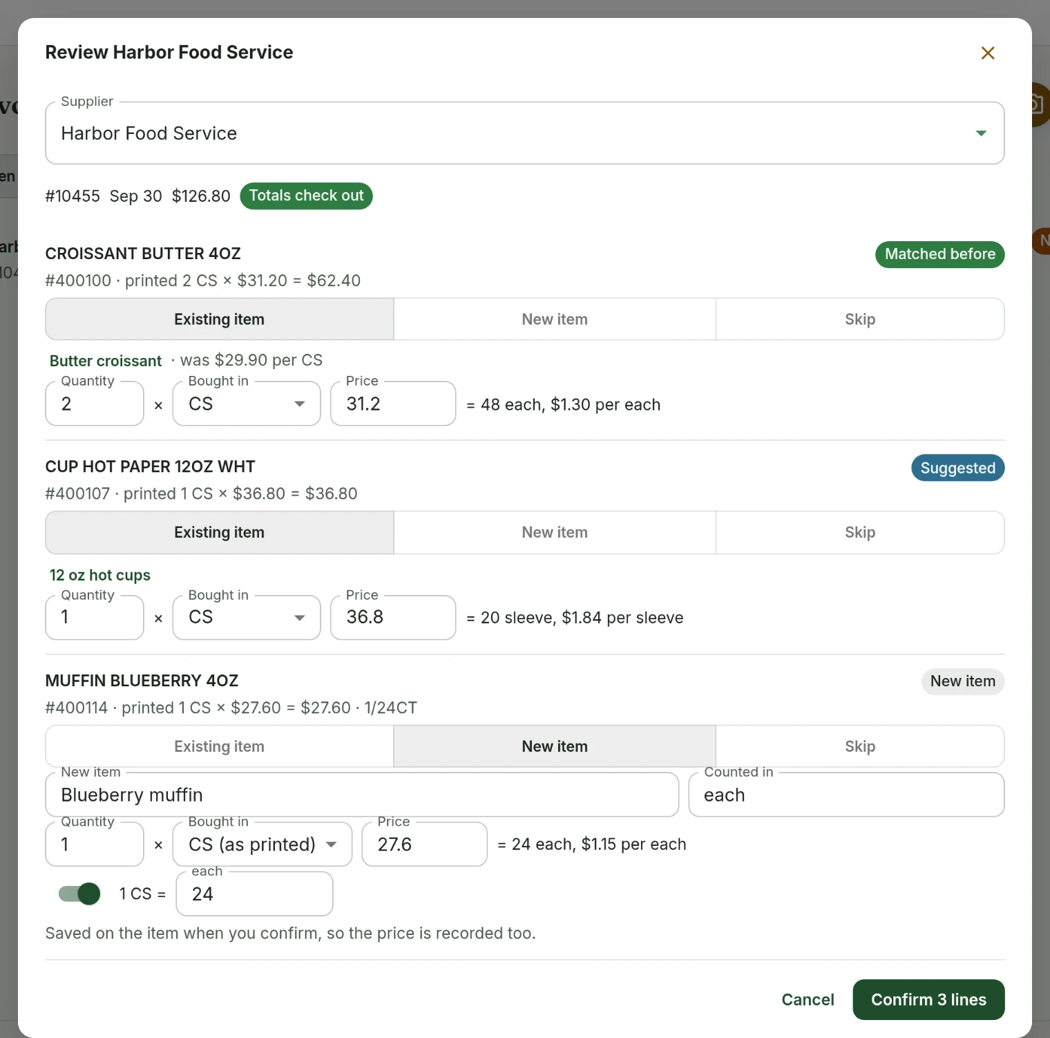 A captured Harbor Food Service invoice in review with every line sorted: Butter croissant matched before, 12 oz hot cups suggested and Blueberry muffin a new item, each with what it comes to per unit, the totals checked, and Confirm 3 lines ready to record the prices.