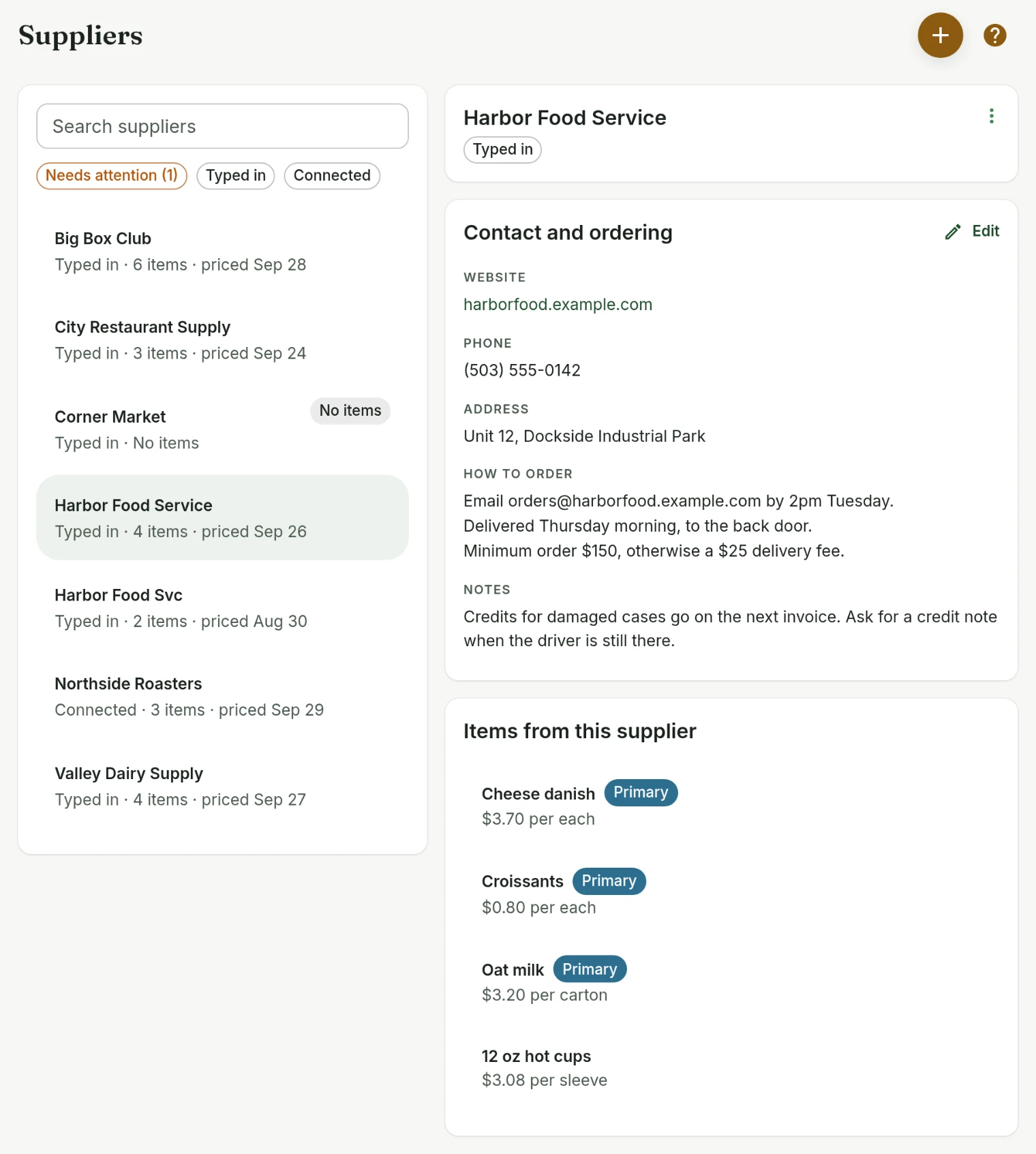 Harbor Food Service's own page, opened from the Suppliers list just above its duplicate Harbor Food Svc: its website, phone and address, how to order (email by 2pm Tuesday, delivered Thursday, a $150 minimum), notes, and the items bought from it with a price each.