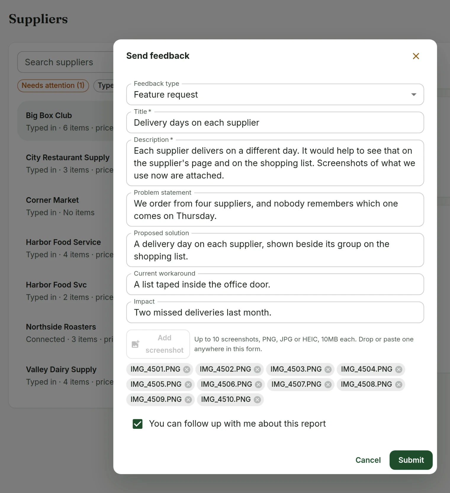 Send feedback open over the Suppliers page, where inventory now says suppliers, with a feature request about delivery days and ten images attached, IMG_4501.PNG to IMG_4510.PNG, and the add button greyed out at the limit of 10.